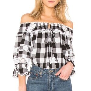 Marissa Webb Amelia Buffalo Plaid Off Shoulder Top XS Black White Boho Cottage